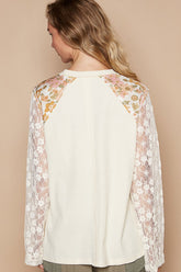 POL Flower Patch Lace Sleeve Knit Top OutfitFlow